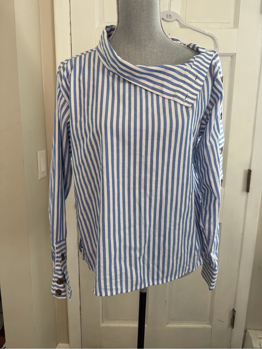 LOFT Blue and White Striped Button-Detail Top